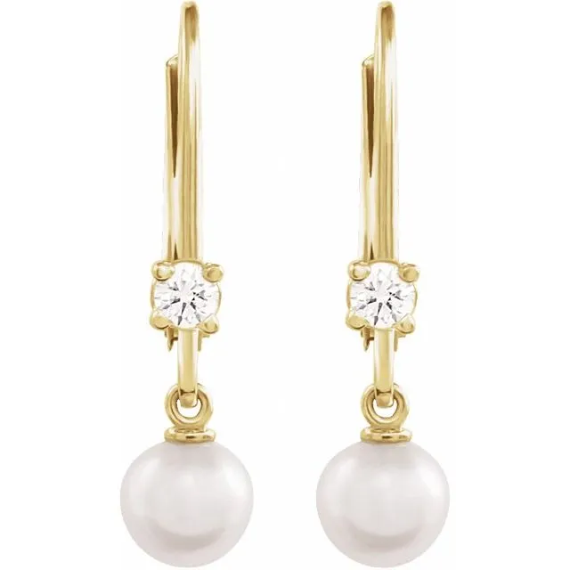 14K White or Yellow Gold Cultured White Akoya Pearl & 1/8 Natural Diamond Lever Back Earrings