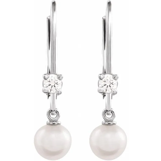 14K White or Yellow Gold Cultured White Akoya Pearl & 1/8 Natural Diamond Lever Back Earrings