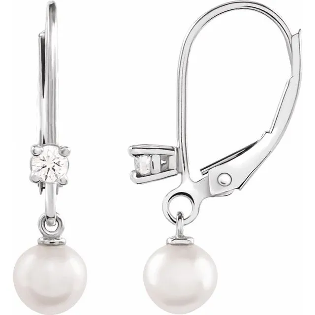 14K White or Yellow Gold Cultured White Akoya Pearl & 1/8 Natural Diamond Lever Back Earrings