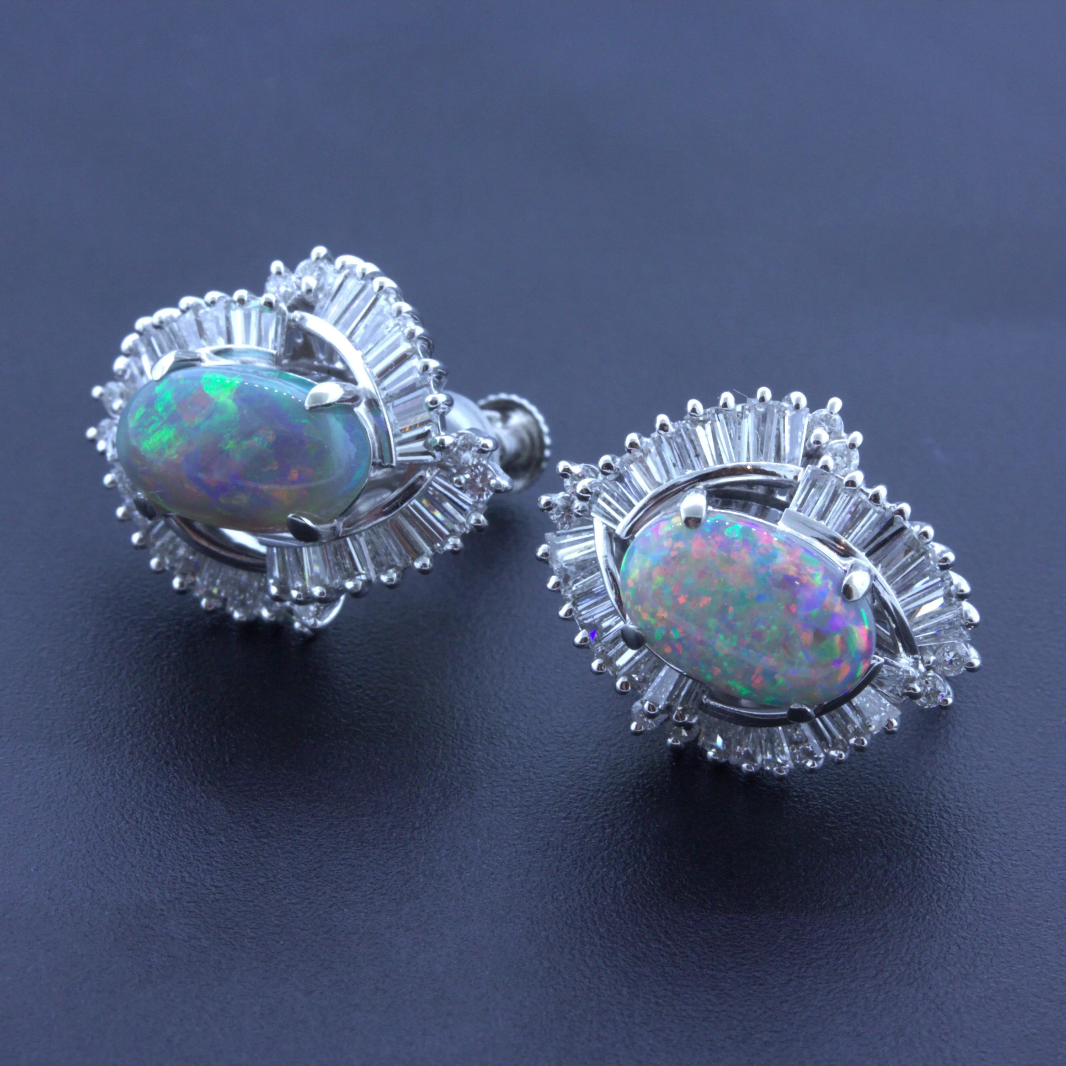 Australian Black Opal Diamond Platinum Earrings