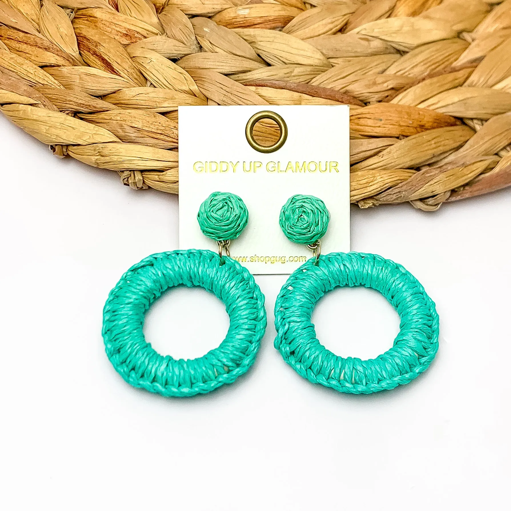 Beachside Café Raffia Wrapped Circle Earrings in Turquoise Green