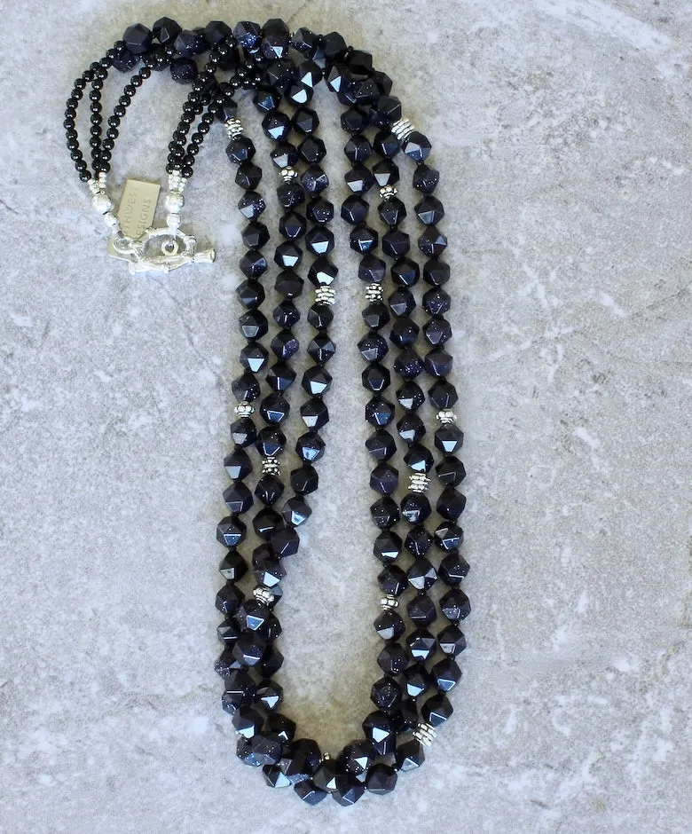 Blue Sandstone Faceted Rounds 3-Strand Necklace with Sterling Silver Beads, Onyx Rounds, and a Sterling Silver Toggle Clasp