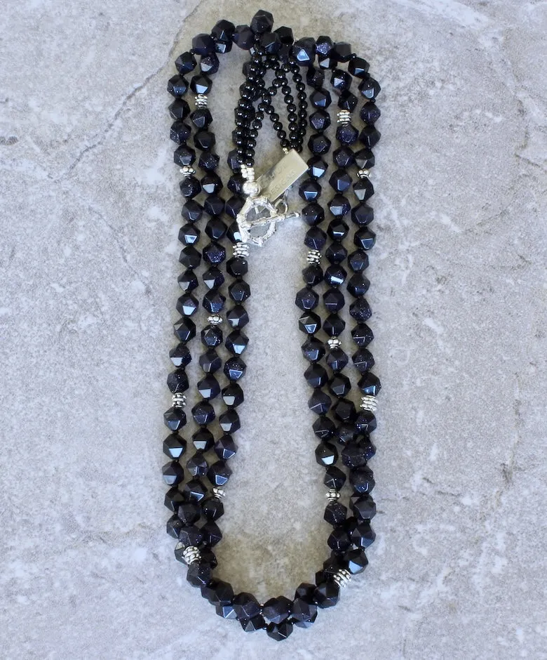 Blue Sandstone Faceted Rounds 3-Strand Necklace with Sterling Silver Beads, Onyx Rounds, and a Sterling Silver Toggle Clasp