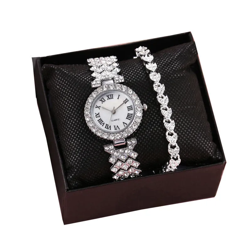 Business All-Match Luxury Diamond-Embedded Starry Sky Elegant Quartz Watch Set with Diamond Hands