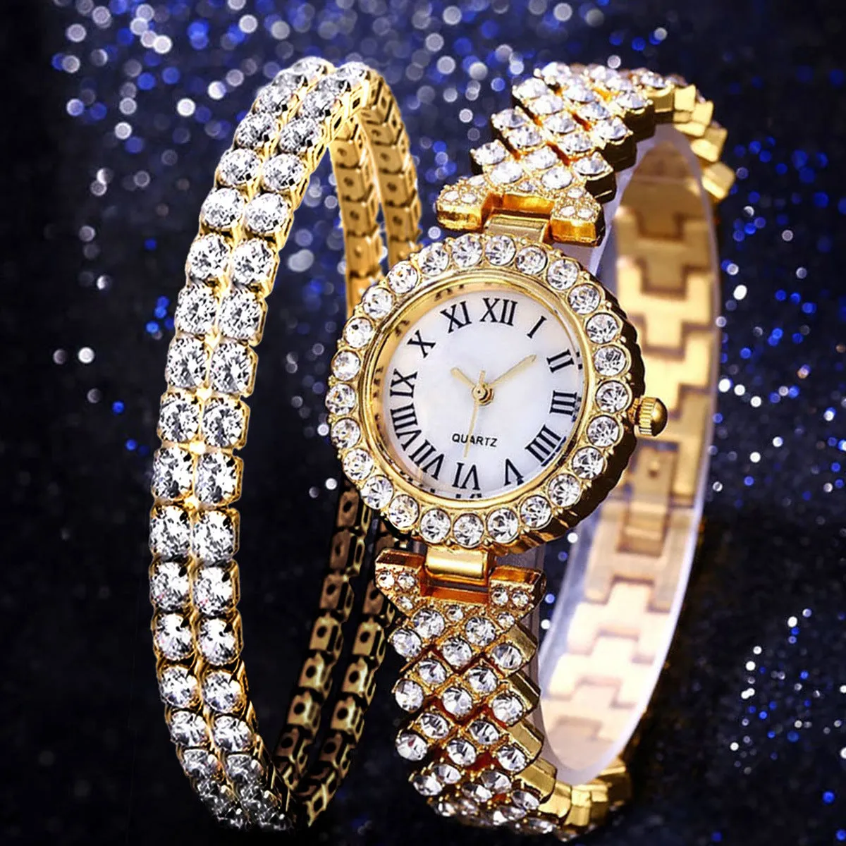 Business All-Match Luxury Diamond-Embedded Starry Sky Elegant Quartz Watch Set with Diamond Hands