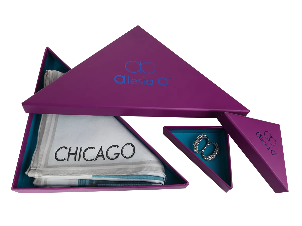 CHICAGO Skyline 100% Silk Oblong Scarf in Grey White