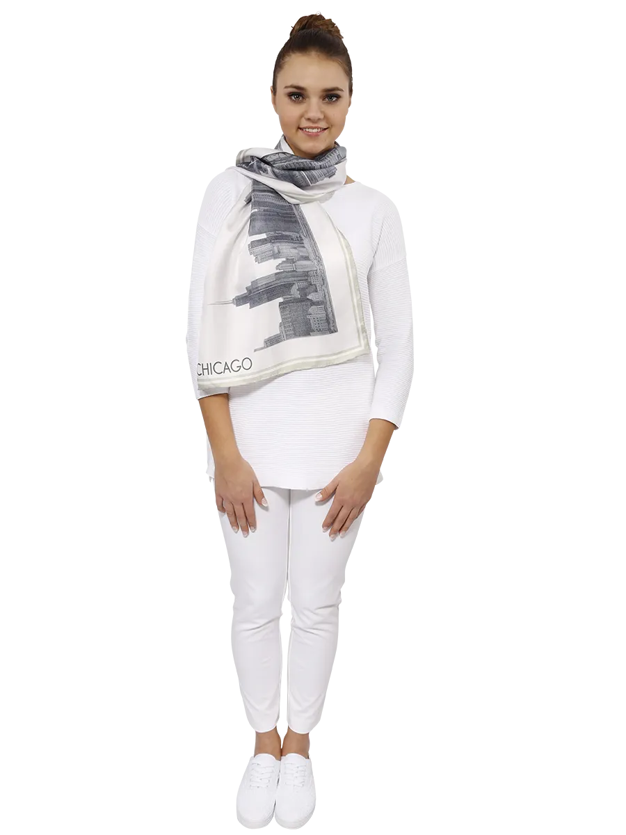 CHICAGO Skyline 100% Silk Oblong Scarf in Grey White