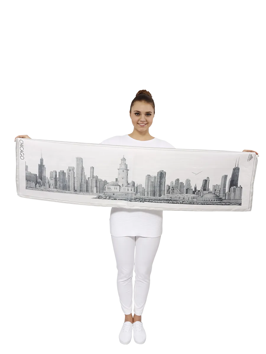 CHICAGO Skyline 100% Silk Oblong Scarf in Grey White