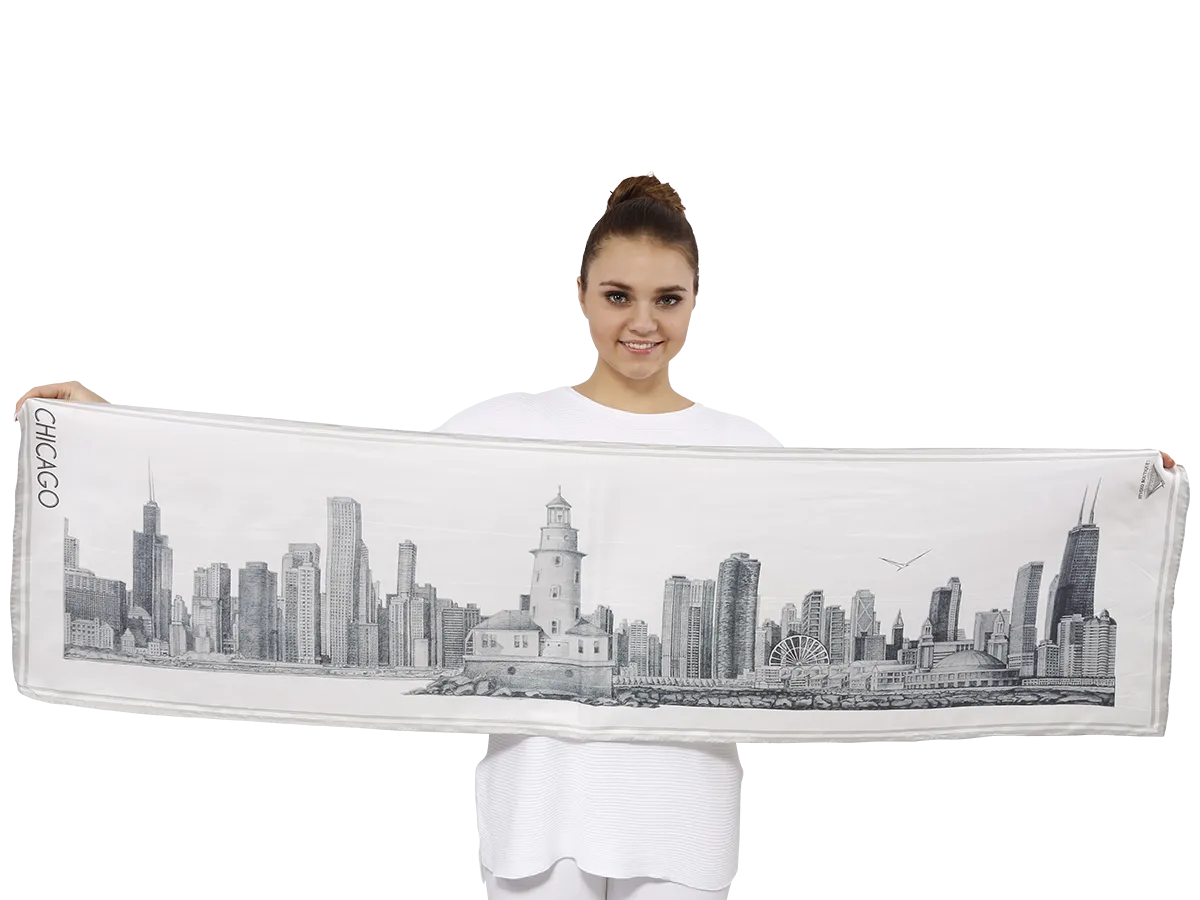 CHICAGO Skyline 100% Silk Oblong Scarf in Grey White