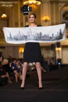 CHICAGO Skyline 100% Silk Oblong Scarf in Grey White