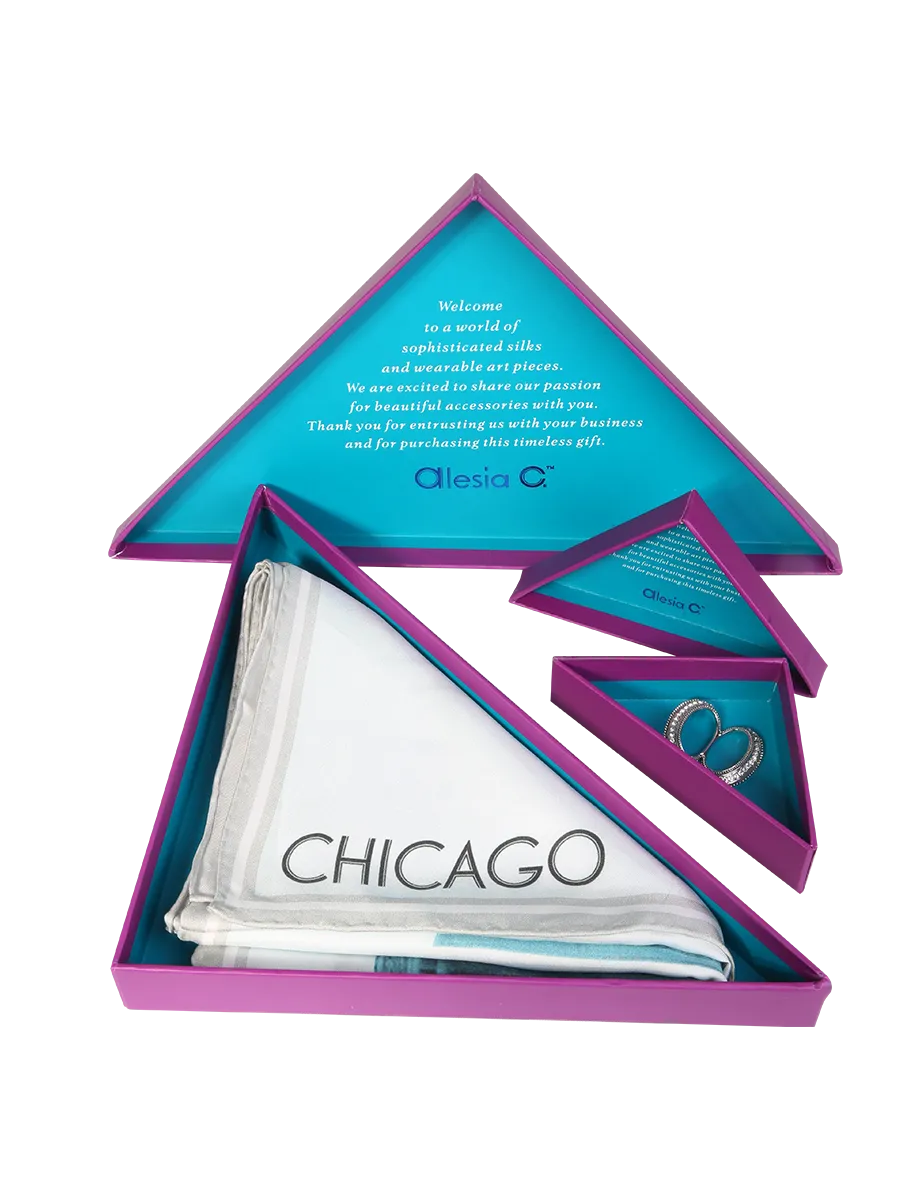 CHICAGO Skyline 100% Silk Oblong Scarf in Grey White