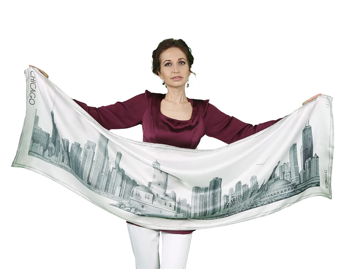 CHICAGO Skyline Art 100% Silk Stole Scarf in Grey White