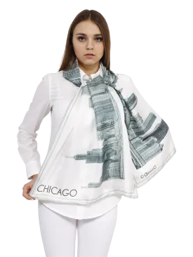 CHICAGO Skyline Art 100% Silk Stole Scarf in Grey White