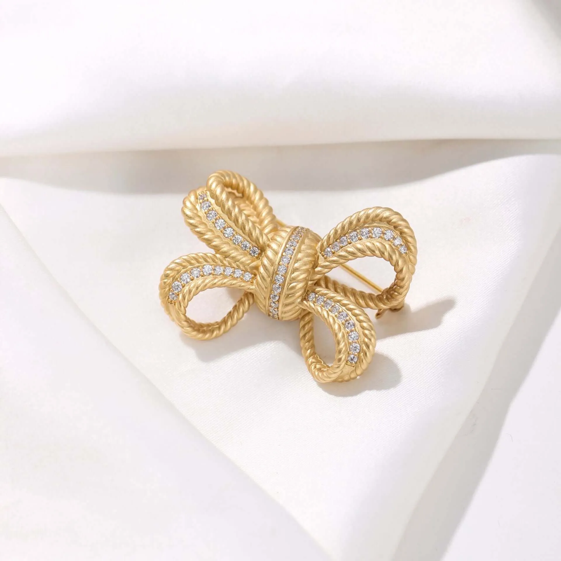 Copper Micro-Inlaid CZ Diamond Bow Brooch