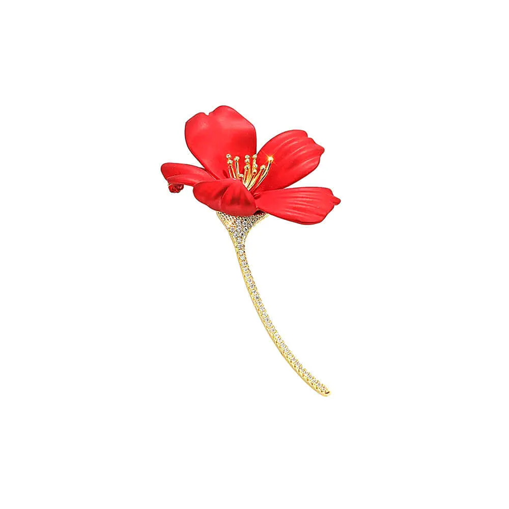 Copper Red Hibiscus CZ Diamond Brooch