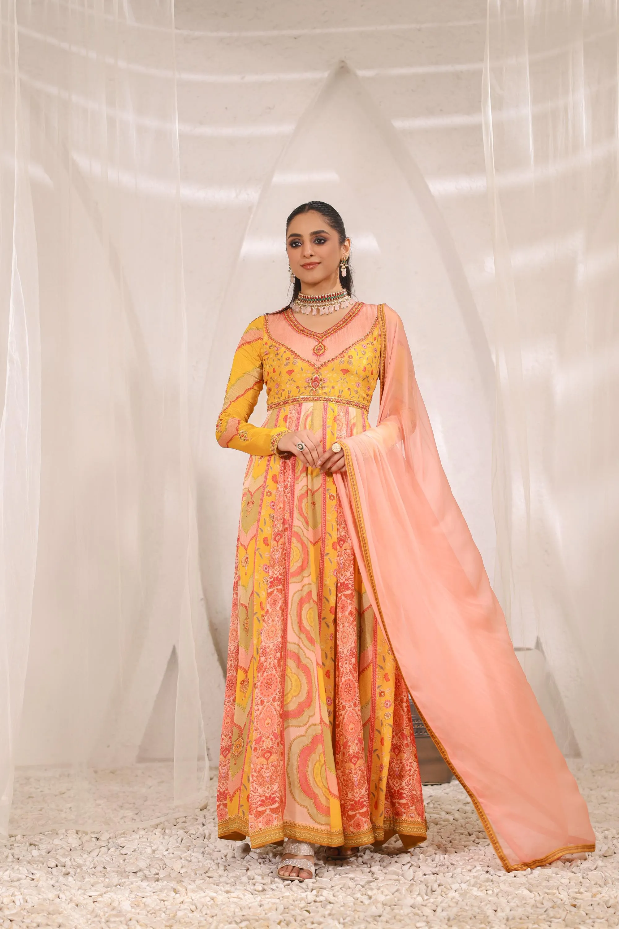 Coral Peach Traditional Printed Chinon Silk Anarkali Set