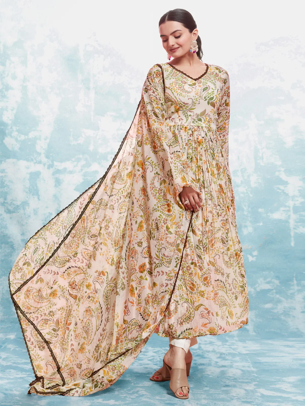 Cream Color Ready-To-Wear Salwar Kameez With Dupatta Set