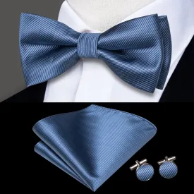 Dark Dusty Blue Striped Pre-tied Bow Tie Hanky Cufflinks Set