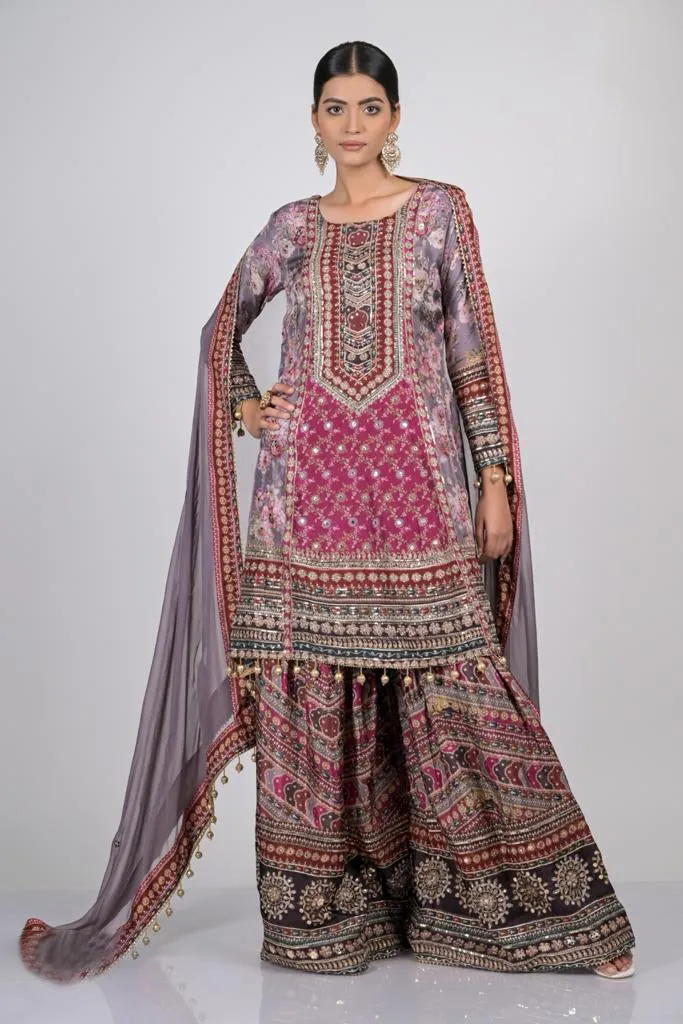 Dusty Mauve Embroidered Crepe Silk Sharara Set