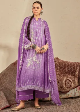 Electric Purple Digital Printed Cotton Silk Suit With Parsi Embroidery work