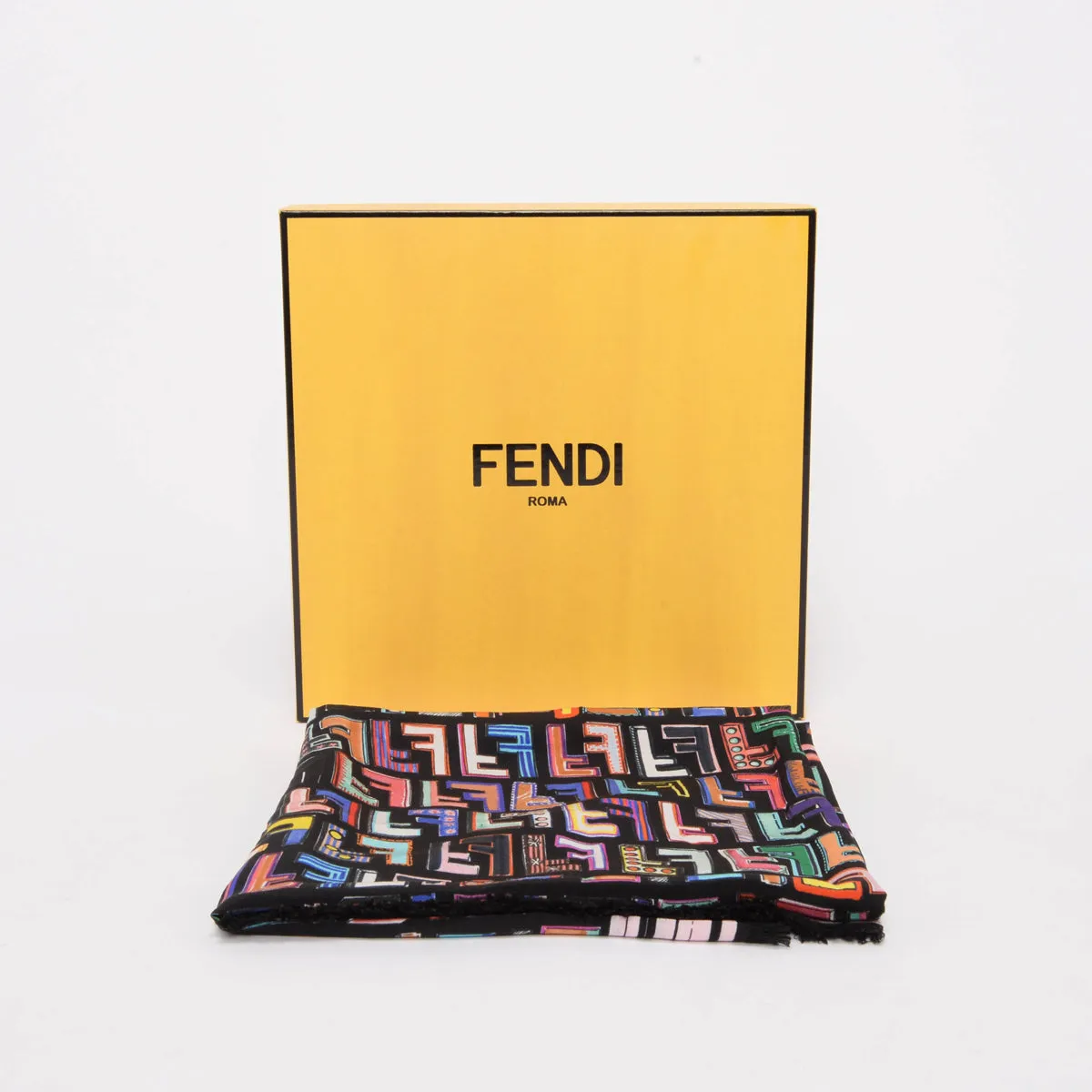 Fendi Black Silk Multicolour FF Fringed Scarf 90