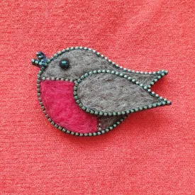 Hand Felted Robin Brooch With Zip Edge Detail