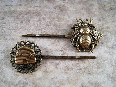 Handmade Antique Bronze Bee And Hive Brass Bobby Pins