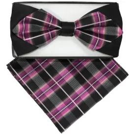 Men's Black & Purple Plaid Diamond Pre Tied Bow Tie & Hanky