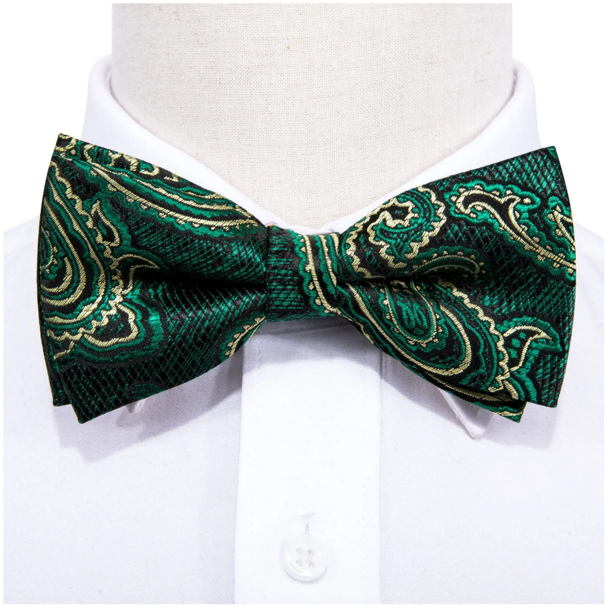 Men's Green Paisley 100% Silk Pre-Tied adjustable Bow Tie Pocket Square Cufflinks Set