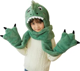 Plush Green Dinosaur Hat Scarf and Mittens Set