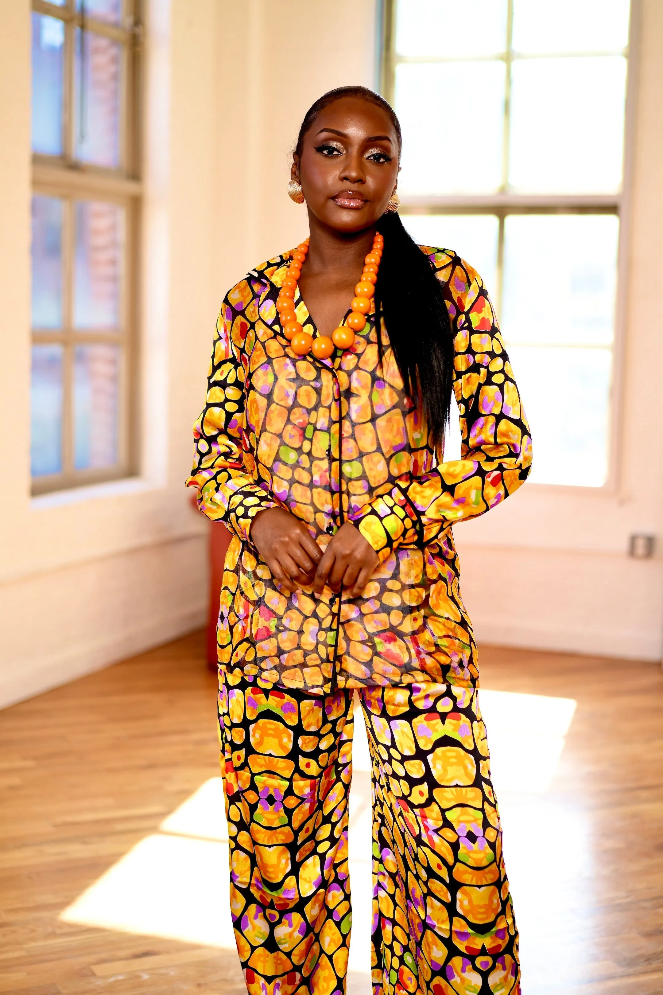 Pre Order:  Giraffe Printed Silk   Satin Set