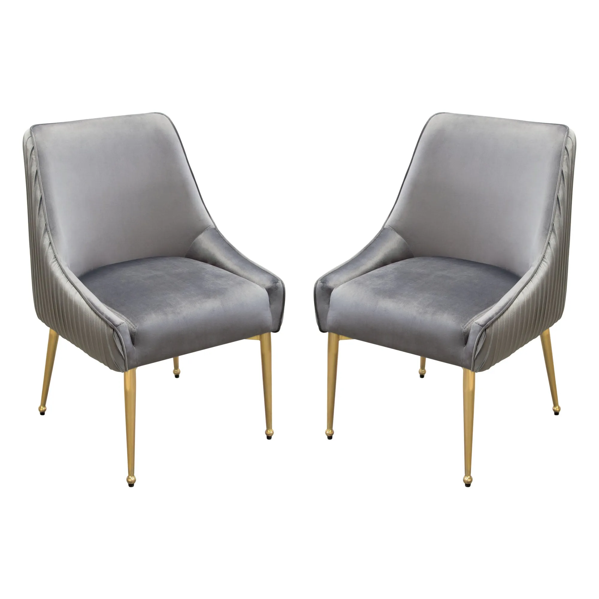 Set of (2) Quinn Dining Chairs w/ Vertical Outside Pleat Detail and Contoured Arm in Grey Velvet w/ Brushed Gold Metal Leg by Diamond Sofa