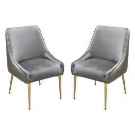 Set of (2) Quinn Dining Chairs w/ Vertical Outside Pleat Detail and Contoured Arm in Grey Velvet w/ Brushed Gold Metal Leg by Diamond Sofa