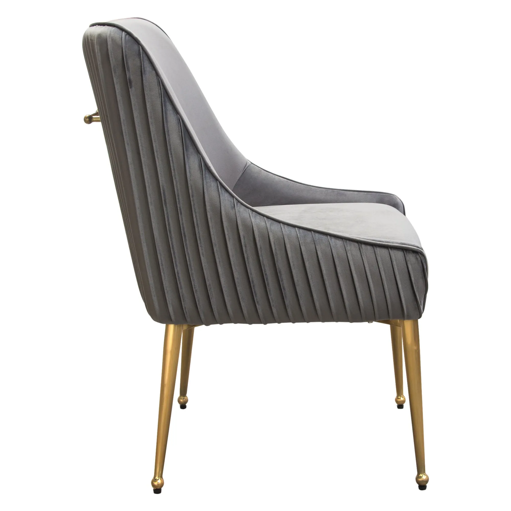 Set of (2) Quinn Dining Chairs w/ Vertical Outside Pleat Detail and Contoured Arm in Grey Velvet w/ Brushed Gold Metal Leg by Diamond Sofa