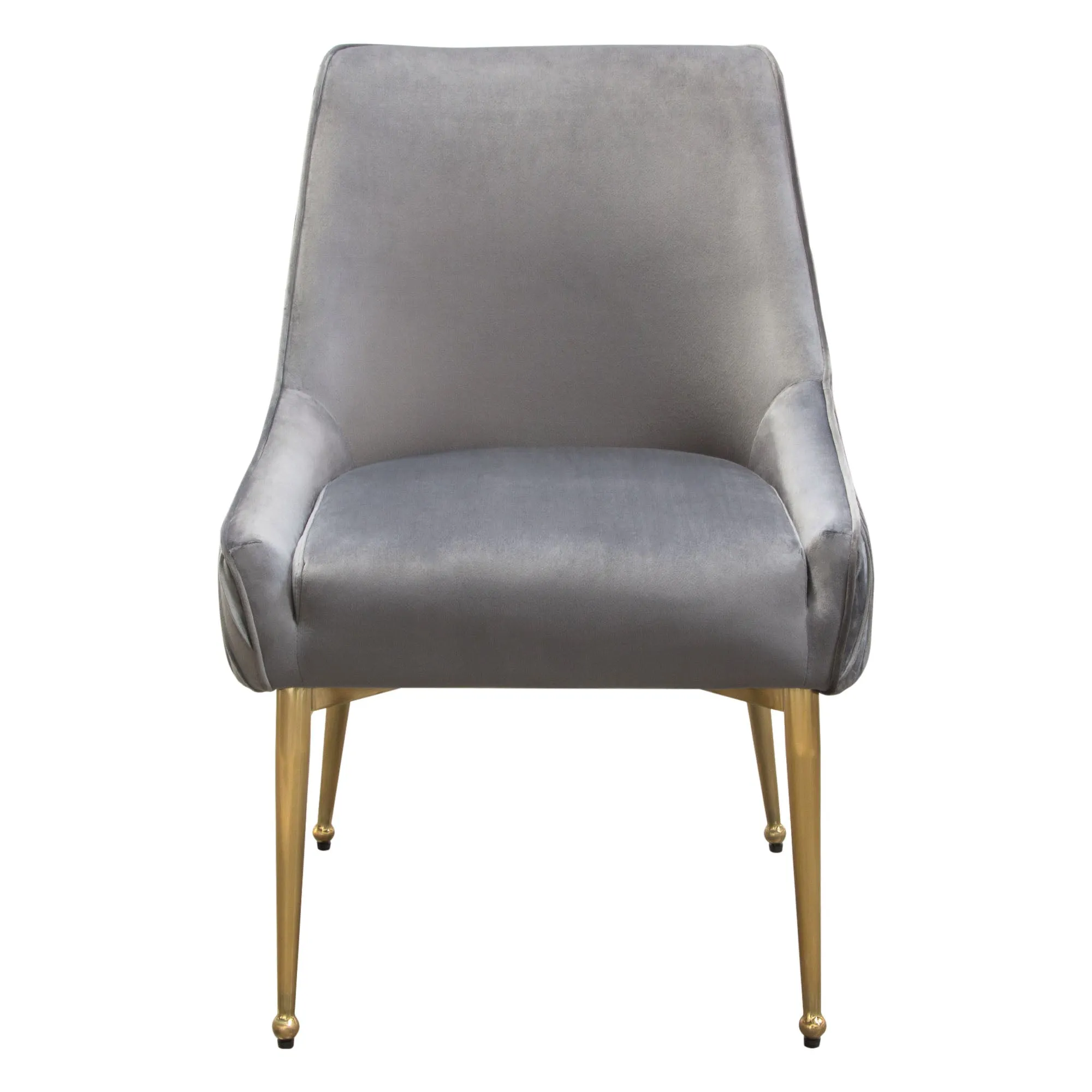 Set of (2) Quinn Dining Chairs w/ Vertical Outside Pleat Detail and Contoured Arm in Grey Velvet w/ Brushed Gold Metal Leg by Diamond Sofa