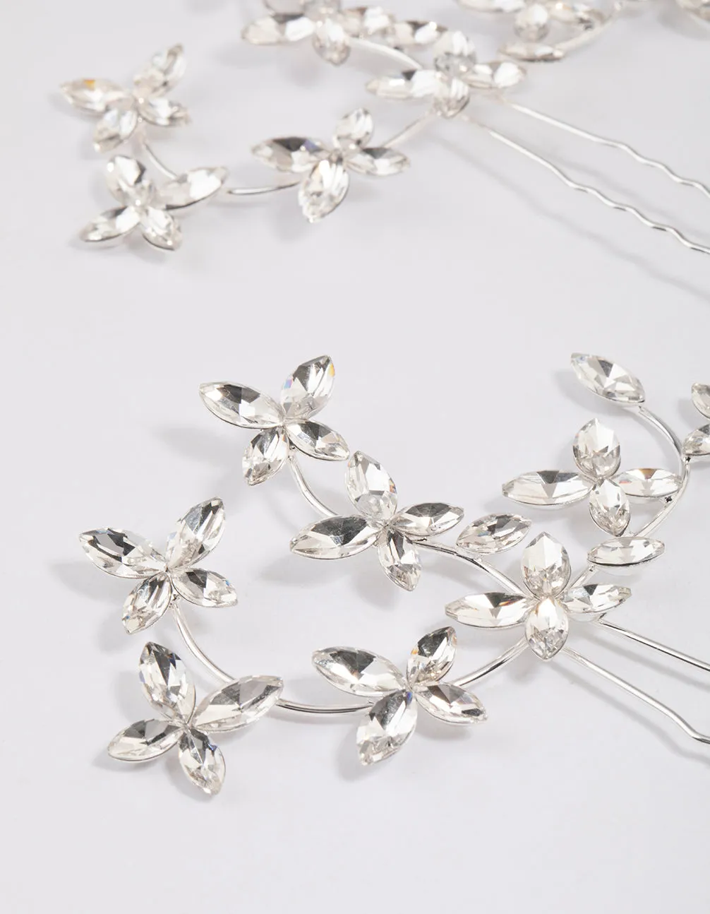 Silver Flower Leaf Diamante Hair Pin Pack