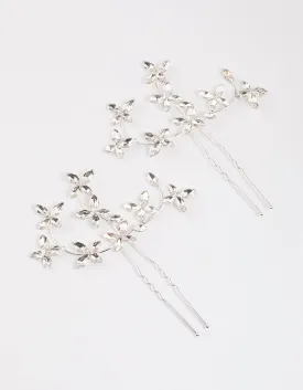 Silver Flower Leaf Diamante Hair Pin Pack