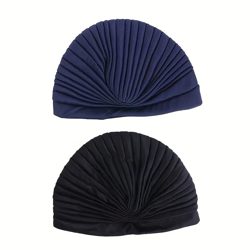 Stylish 2pcs Crinkle Turban Caps Black  Dark Blue