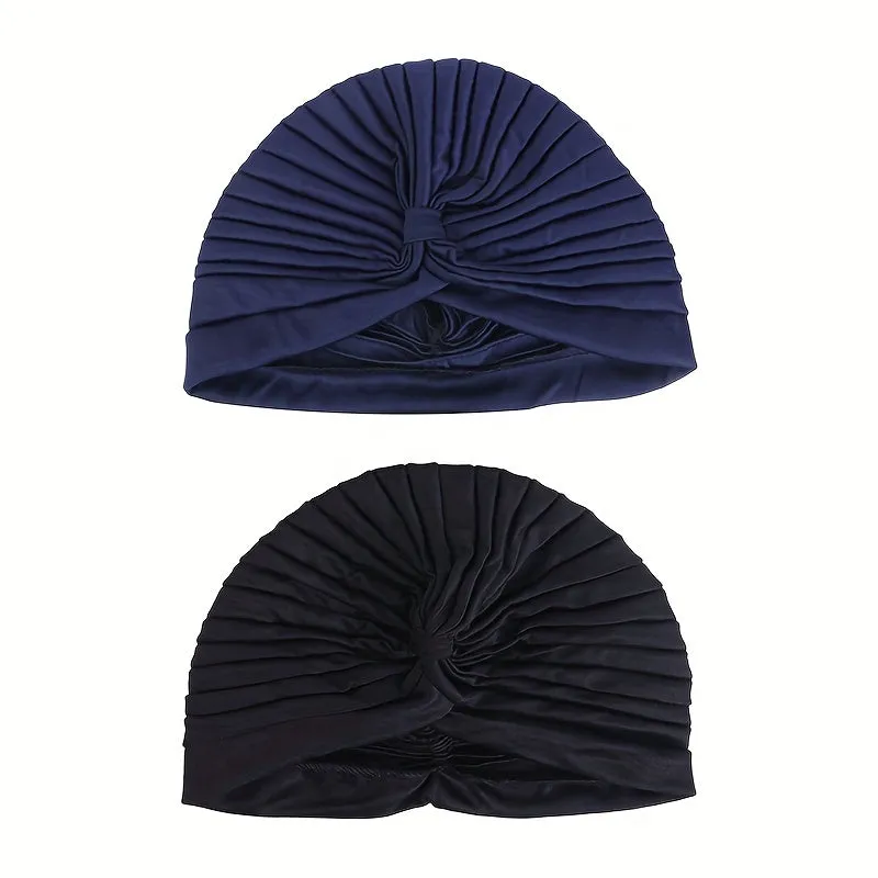 Stylish 2pcs Crinkle Turban Caps Black  Dark Blue