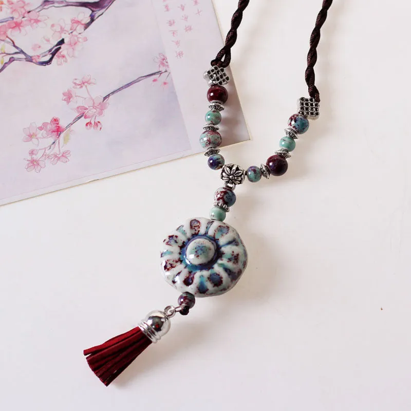 Sweet Ceramic Long Necklace Student Adult Pendant Personality Ancient Style Forest Sweater Chain