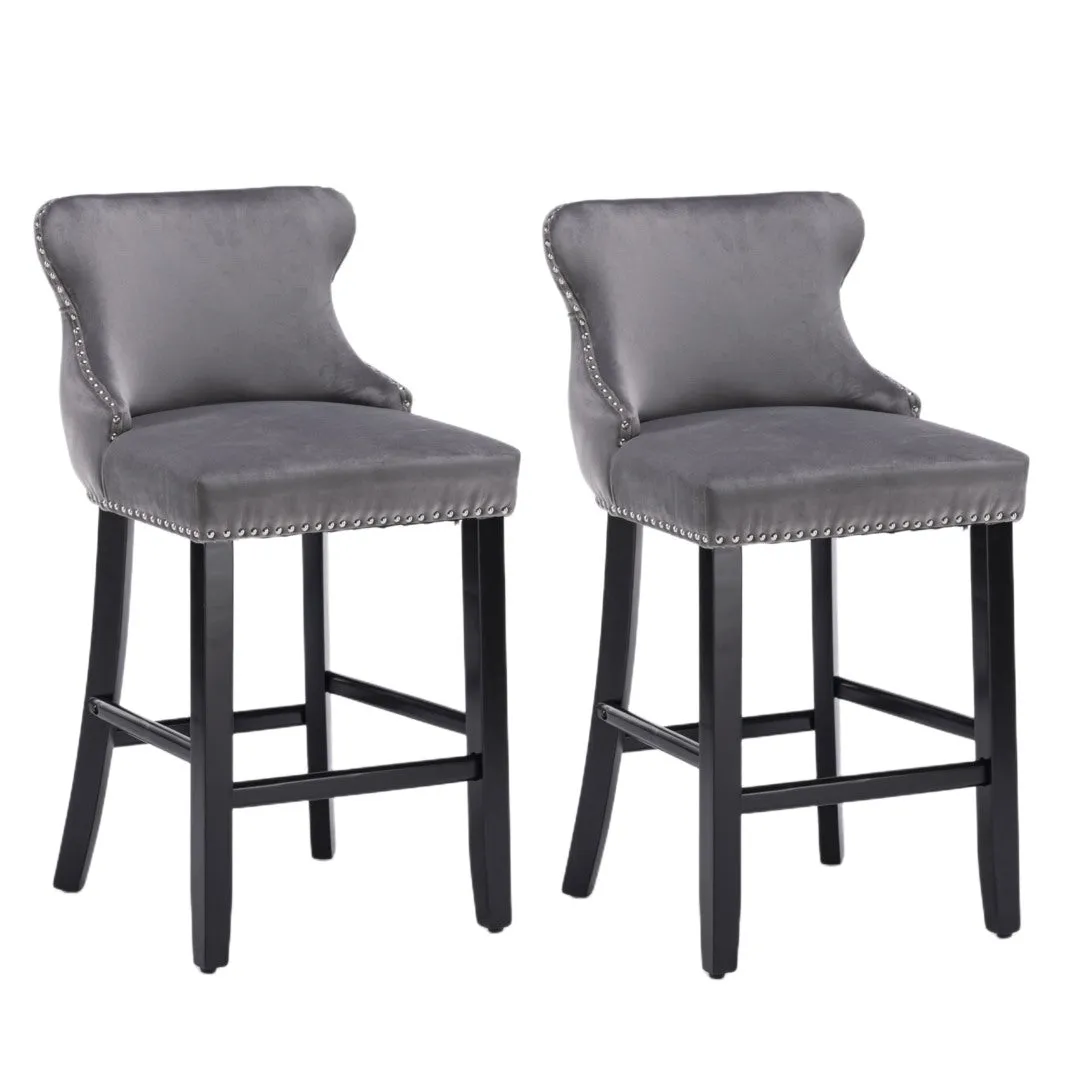 Two Velvet Upholstered Button Tufted Bar Stools with Wood Legs and Studs-Grey