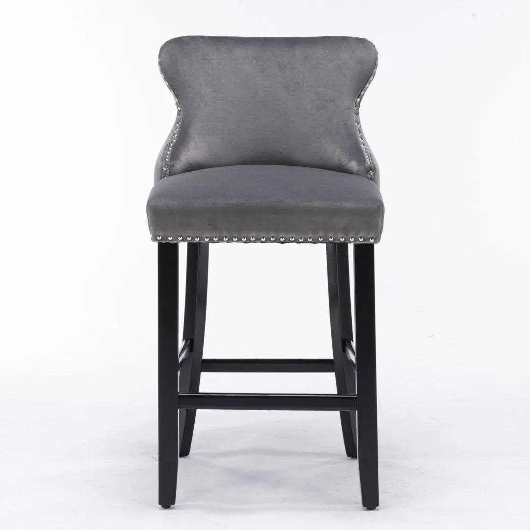 Two Velvet Upholstered Button Tufted Bar Stools with Wood Legs and Studs-Grey