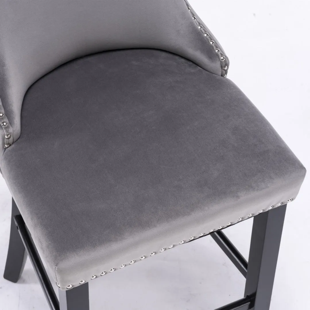 Two Velvet Upholstered Button Tufted Bar Stools with Wood Legs and Studs-Grey