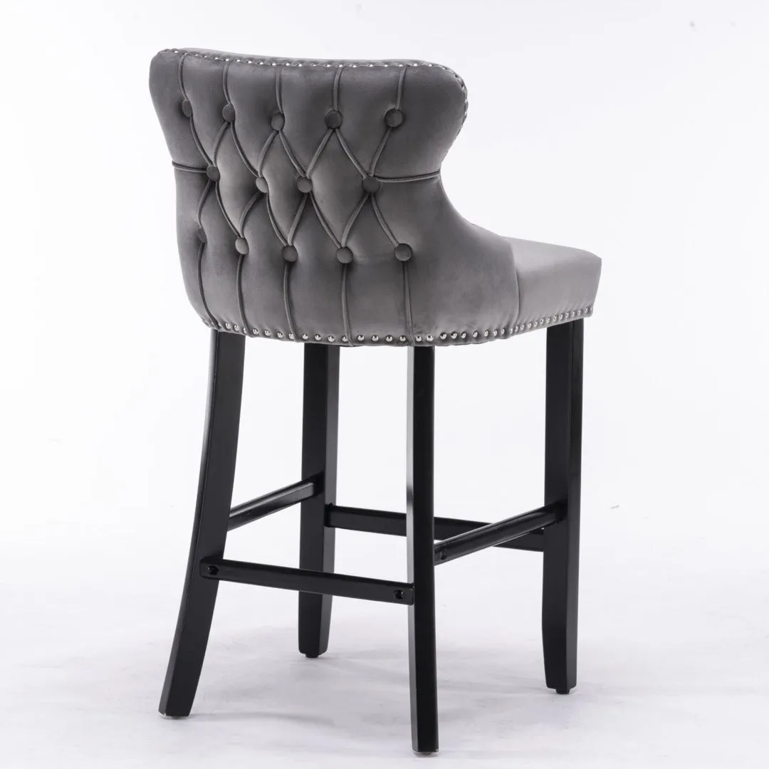 Two Velvet Upholstered Button Tufted Bar Stools with Wood Legs and Studs-Grey