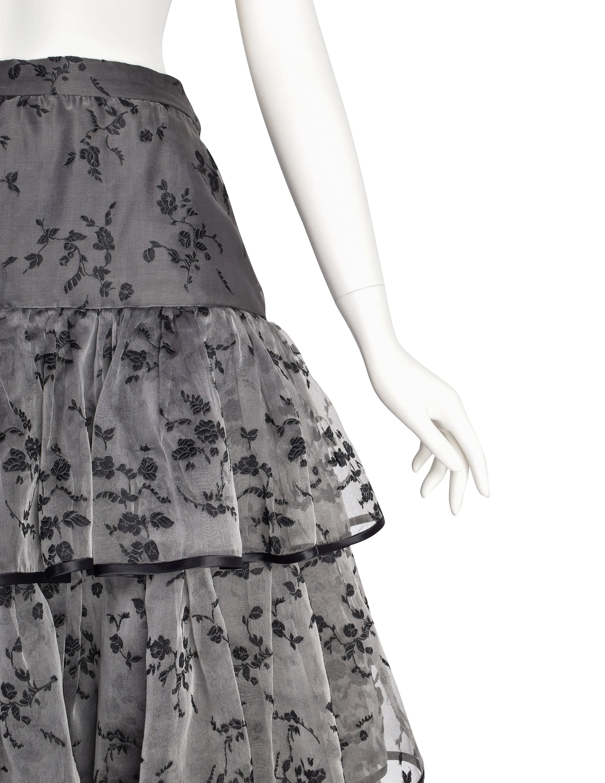 Valentino Vintage 1980s Grey Black Floral Jacquard Chiffon Tiered Ruffle Full Length Skirt