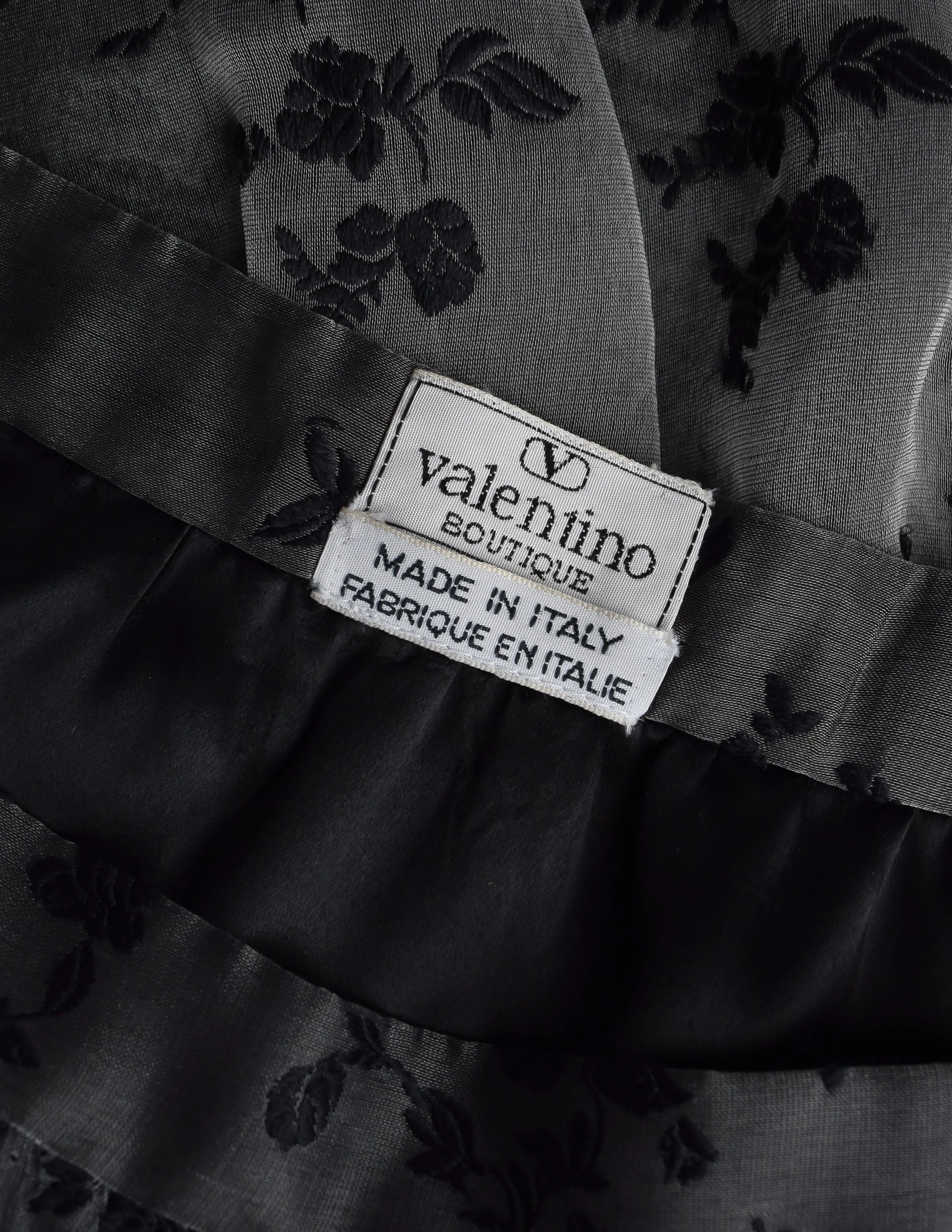 Valentino Vintage 1980s Grey Black Floral Jacquard Chiffon Tiered Ruffle Full Length Skirt