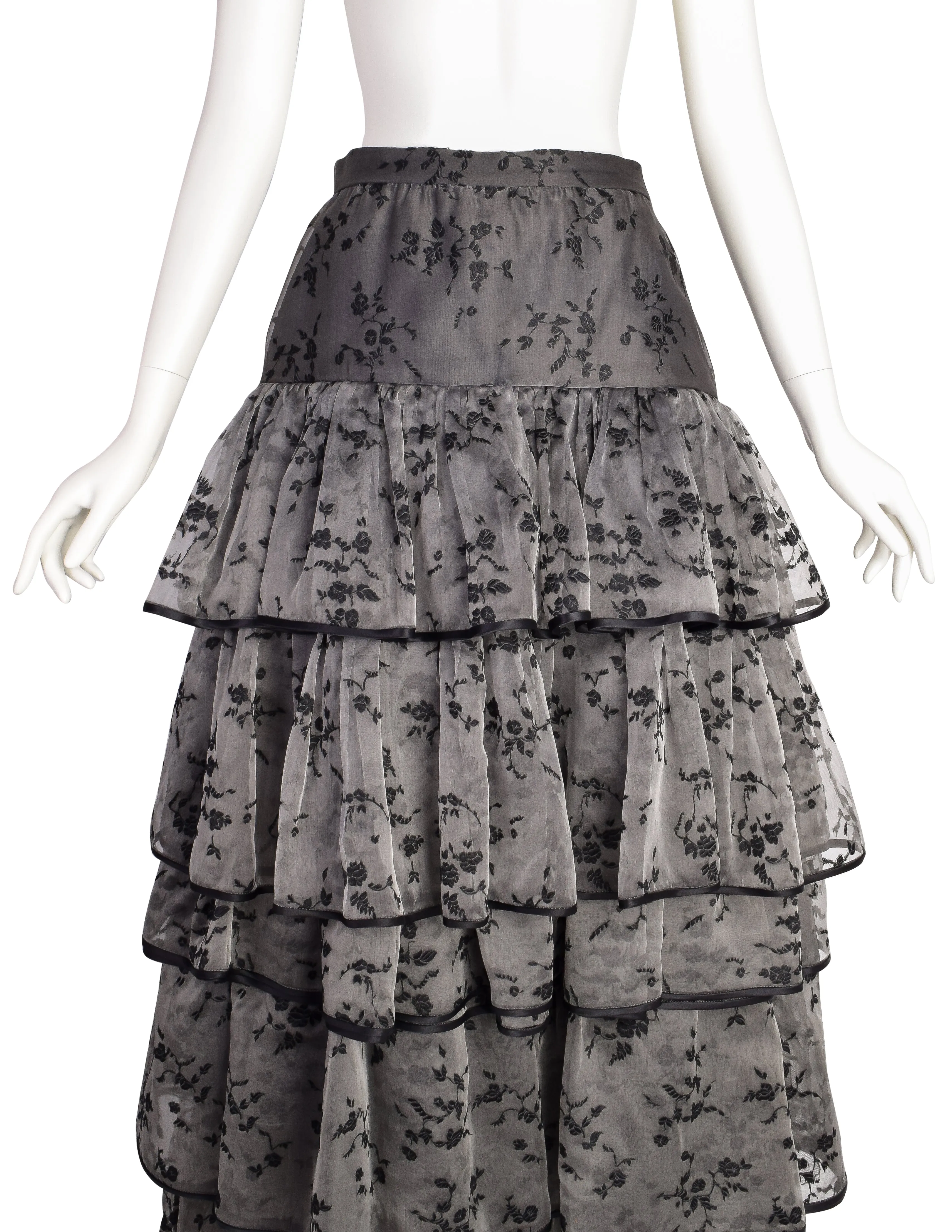 Valentino Vintage 1980s Grey Black Floral Jacquard Chiffon Tiered Ruffle Full Length Skirt