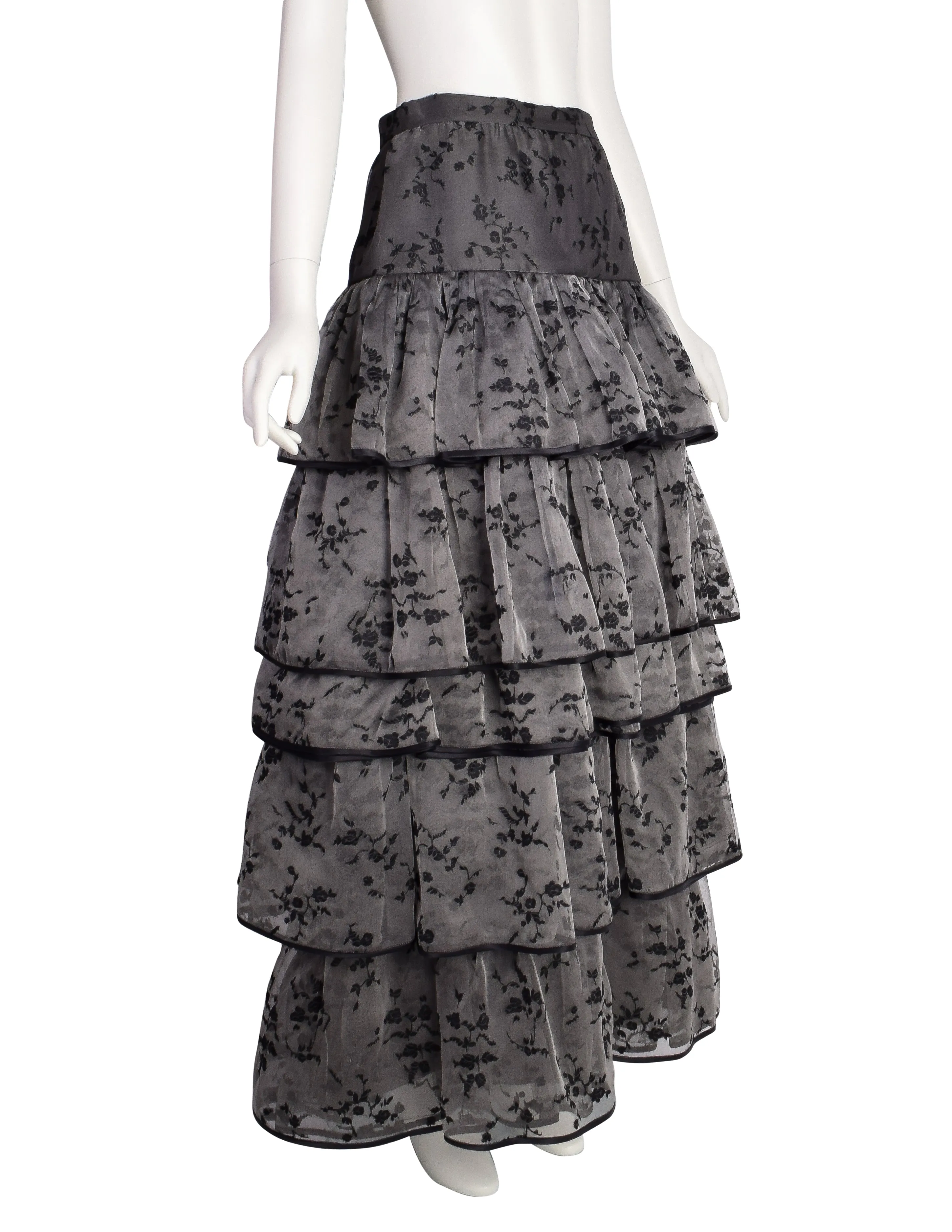 Valentino Vintage 1980s Grey Black Floral Jacquard Chiffon Tiered Ruffle Full Length Skirt