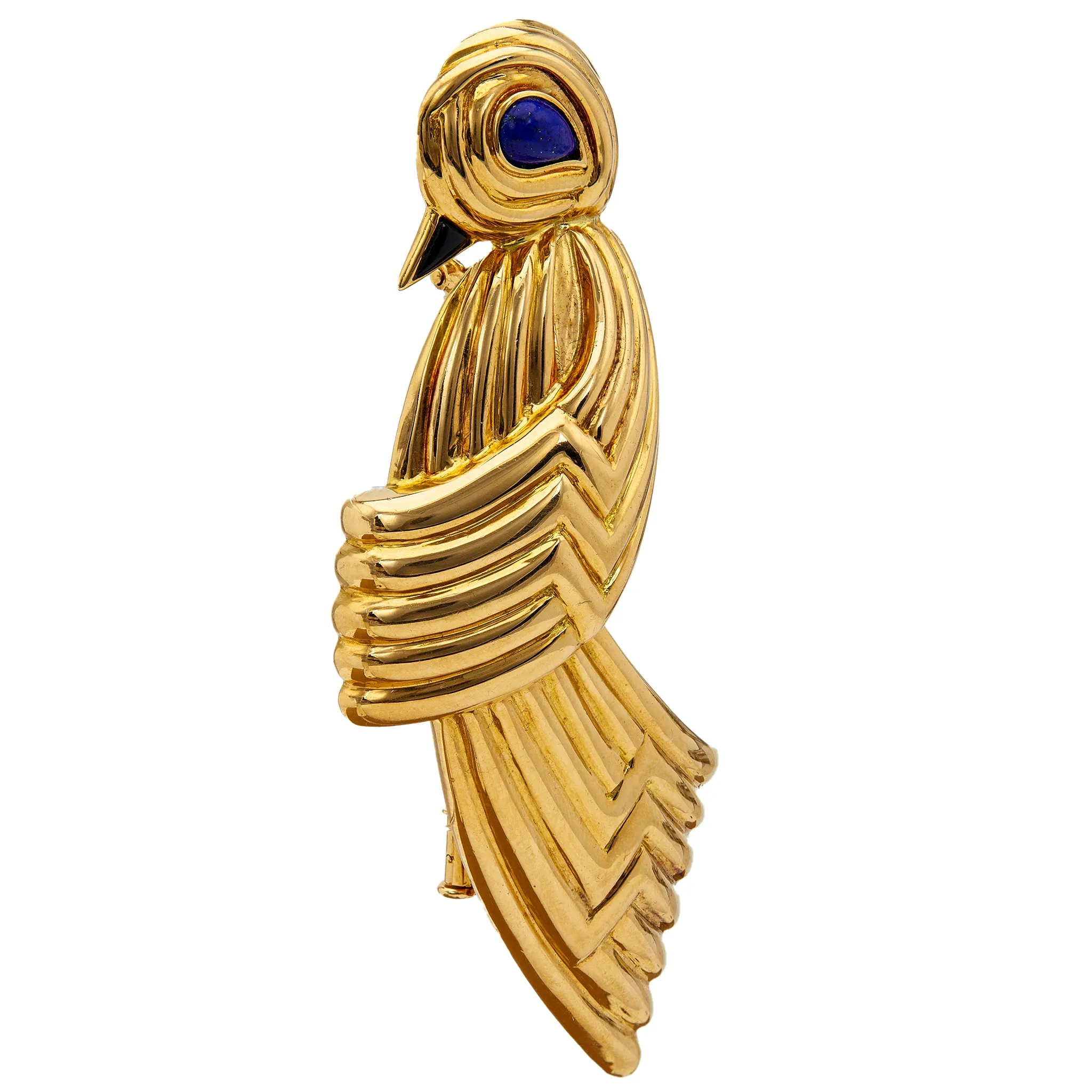 Vintage Boucheron Lapis and Onyx 18k Yellow Gold Bird Brooch