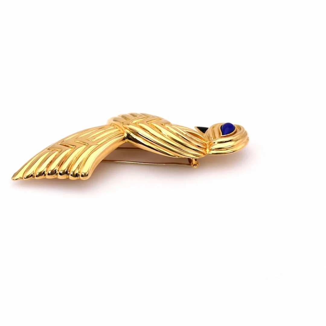 Vintage Boucheron Lapis and Onyx 18k Yellow Gold Bird Brooch